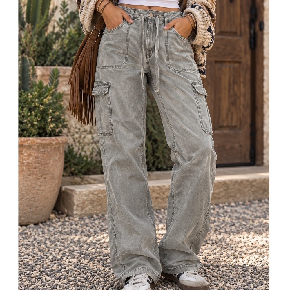 American Eagle Classic Bootcut Cargo Pants Grey Drawstring Utility Womens 18